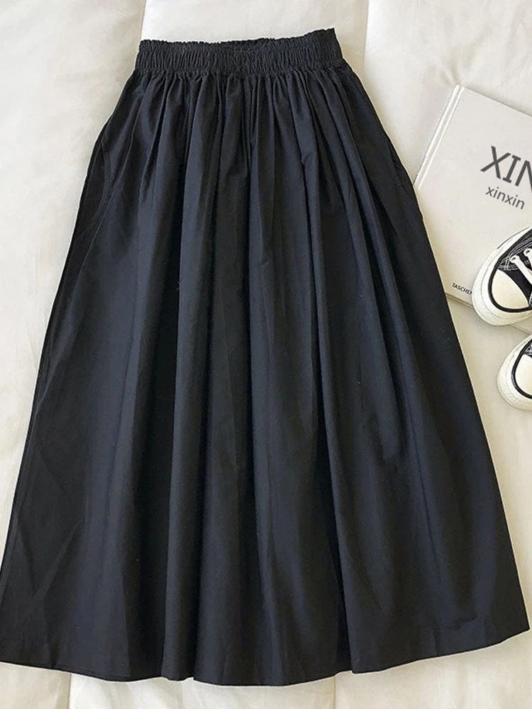 Women's High Waist White Long Skirt, A-Line Knee-Length Pleated Skirt with Pockets, Casual Elegant Fashion for Autumn