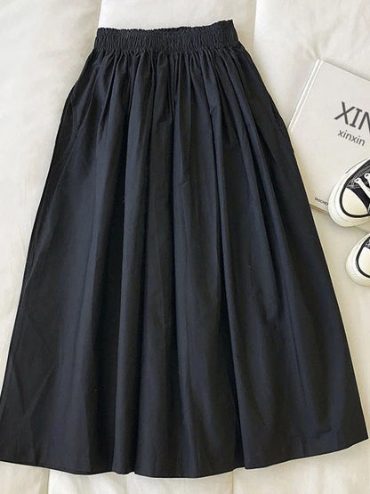 Women's High Waist White Long Skirt, A-Line Knee-Length Pleated Skirt with Pockets, Casual Elegant Fashion for Autumn