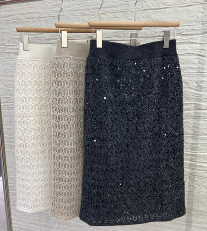New Women's Cashmere Overskirt for Autumn and Winter, Elastic Waist with BC Sequins, High-End Knitted Maxi Skirt