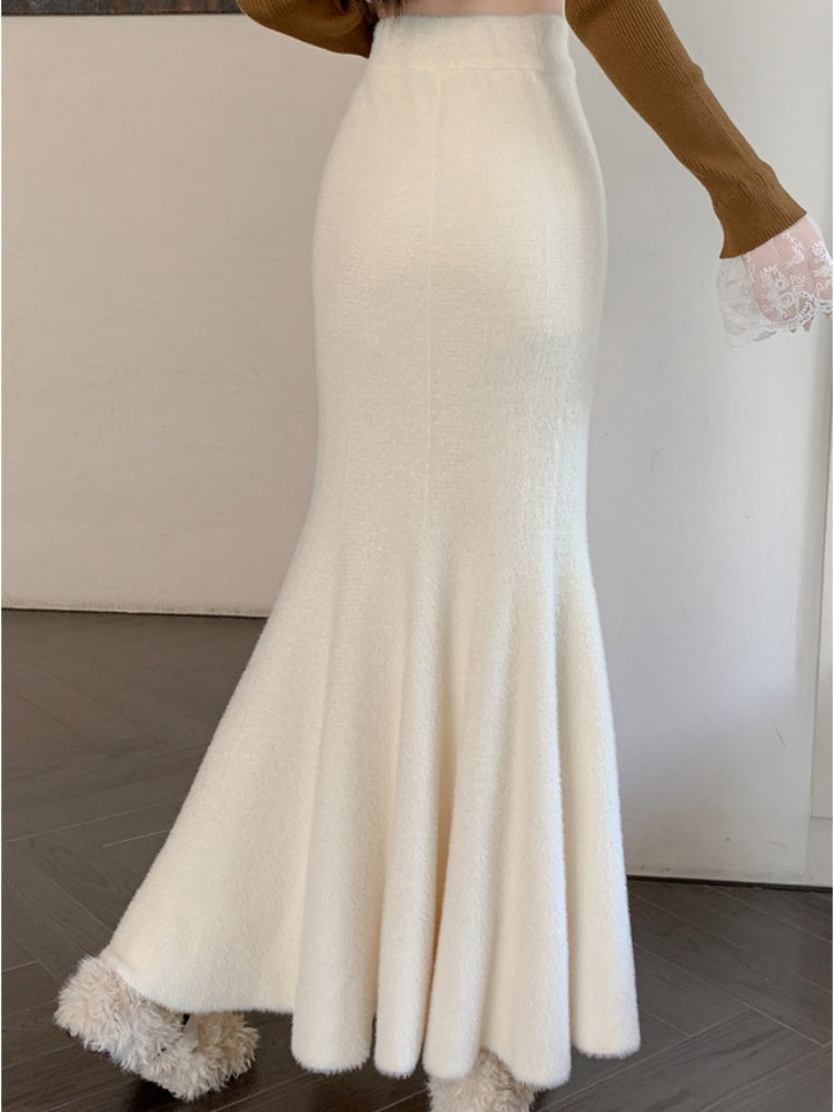 SMTHMA New Autumn Winter Thick Knitted Skirt for Women, High Waist Fishtail Mohair Long Skirt, Casual Warm Mid-Length