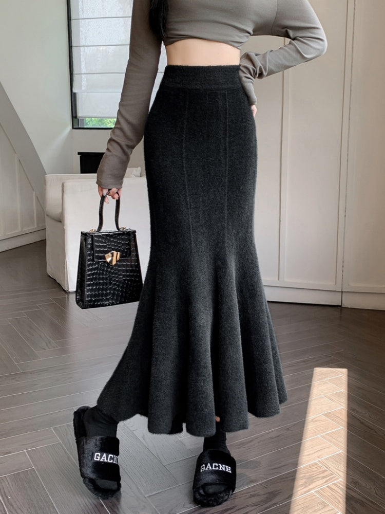 SMTHMA New Autumn Winter Thick Knitted Skirt for Women, High Waist Fishtail Mohair Long Skirt, Casual Warm Mid-Length