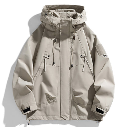 Mens Windbreakers Hooded Jacket Zipper Coat Cargo Waterproof Black Bomber Loose Thin Softshell Hiking Camping Jacket