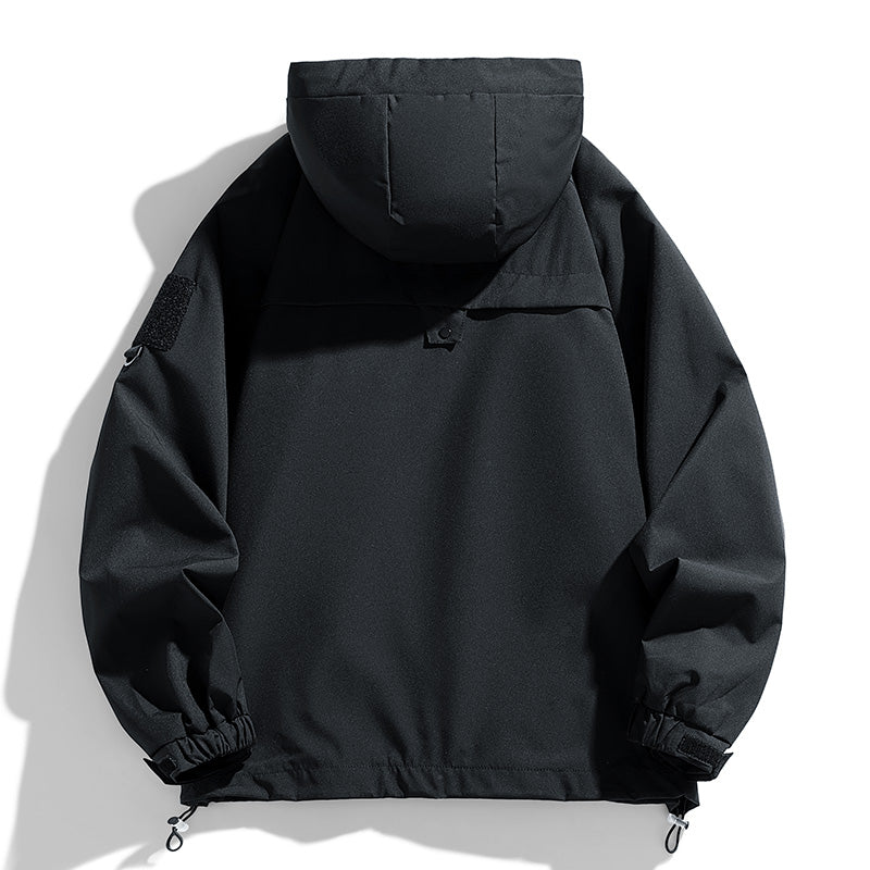 Mens Windbreakers Hooded Jacket Zipper Coat Cargo Waterproof Black Bomber Loose Thin Softshell Hiking Camping Jacket