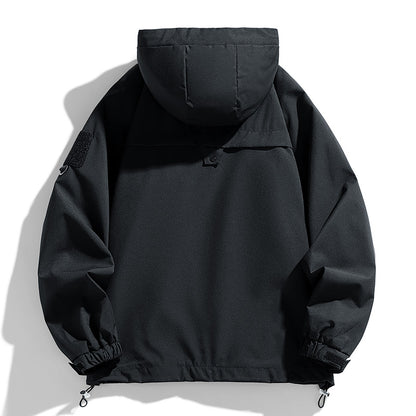 Mens Windbreakers Hooded Jacket Zipper Coat Cargo Waterproof Black Bomber Loose Thin Softshell Hiking Camping Jacket