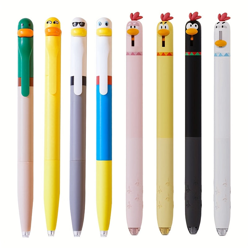 Cute Chicken Pressing Gel Pen, 4pcs Set, Black Ink, Creative Rotating Novelty Pen, Funny Office and School Supplies