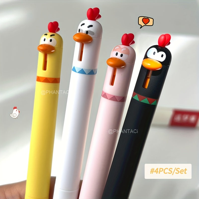 Cute Chicken Pressing Gel Pen, 4pcs Set, Black Ink, Creative Rotating Novelty Pen, Funny Office and School Supplies
