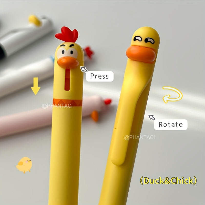Cute Chicken Pressing Gel Pen, 4pcs Set, Black Ink, Creative Rotating Novelty Pen, Funny Office and School Supplies