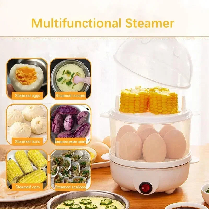 Double Layer Multifunctional Electric Egg Cooker Steamer for Boil Poach Steam Eggs Vegetables Compact Kitchen Breakfast