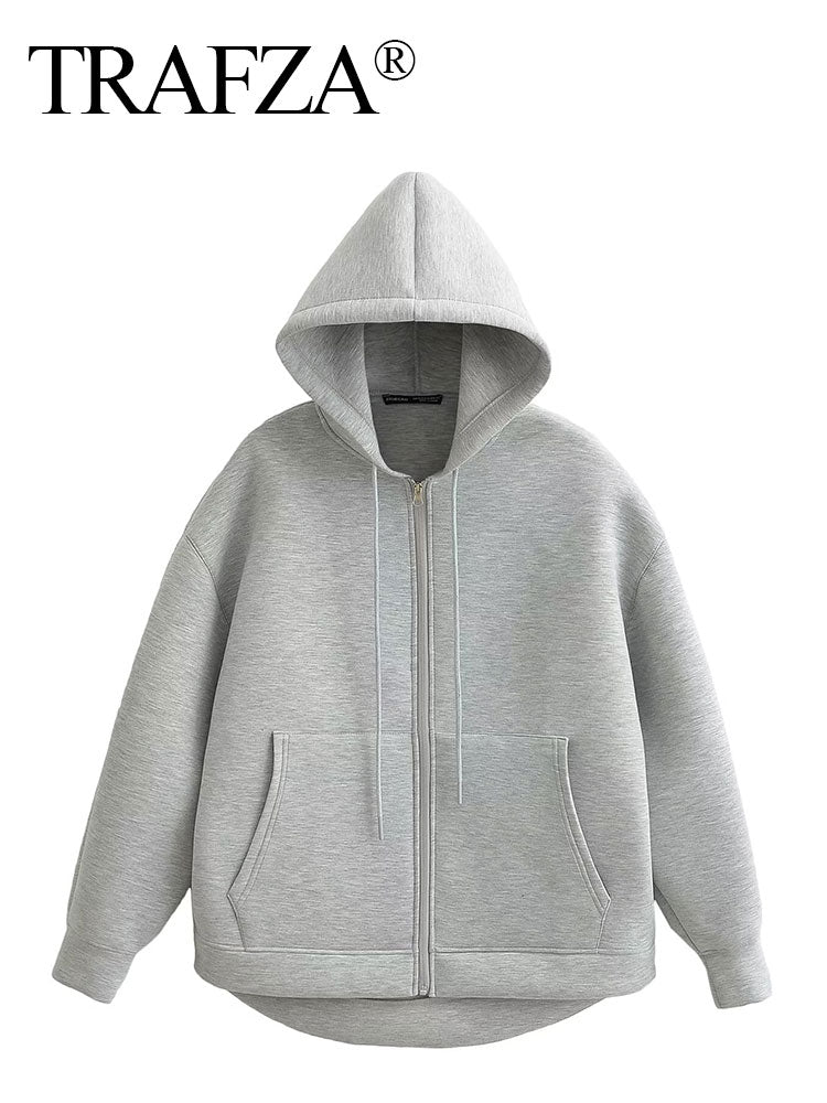TRAFZA Women's Autumn Jacket, Oversized Gray Hooded Coat, Casual Long Sleeve Zipper Outerwear with Big Pockets