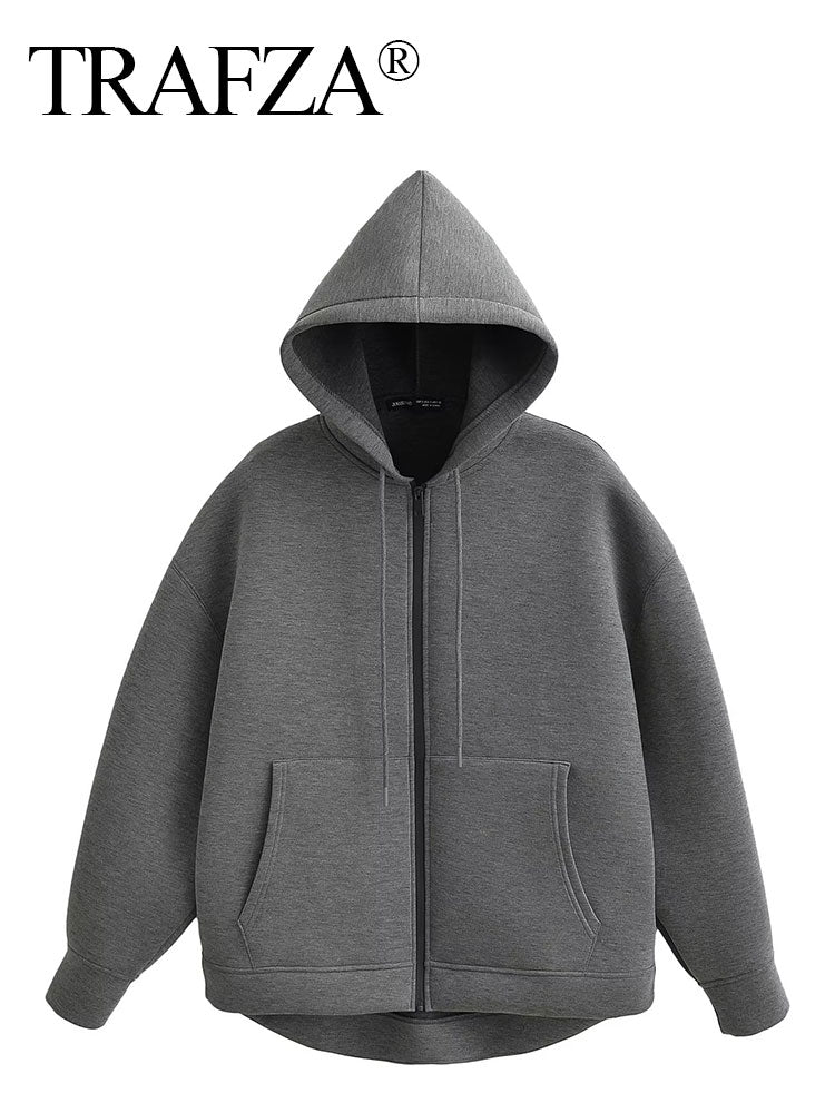 TRAFZA Women's Autumn Jacket, Oversized Gray Hooded Coat, Casual Long Sleeve Zipper Outerwear with Big Pockets