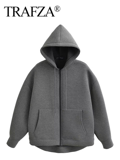 TRAFZA Women's Autumn Jacket, Oversized Gray Hooded Coat, Casual Long Sleeve Zipper Outerwear with Big Pockets