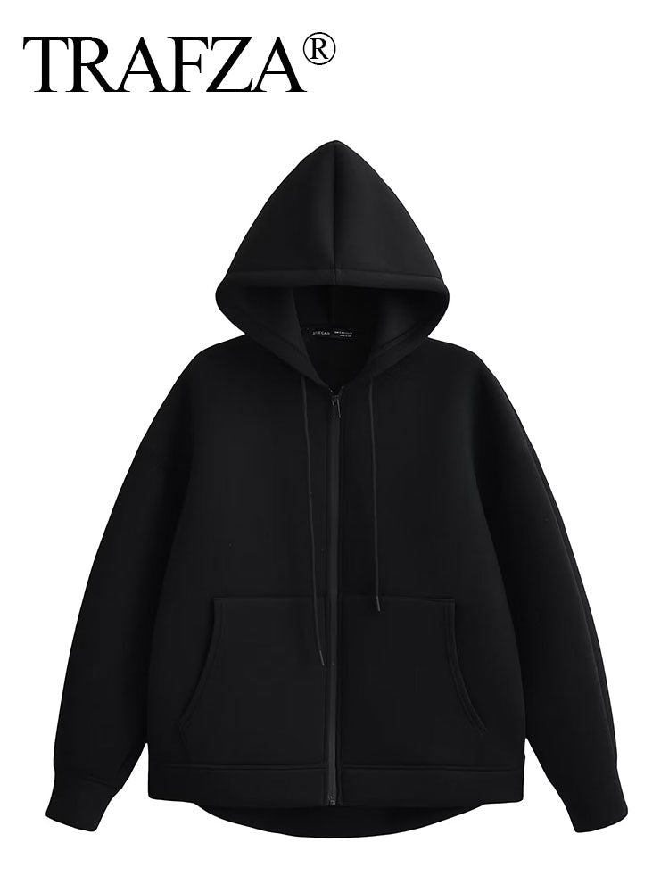 TRAFZA Women's Autumn Jacket, Oversized Gray Hooded Coat, Casual Long Sleeve Zipper Outerwear with Big Pockets
