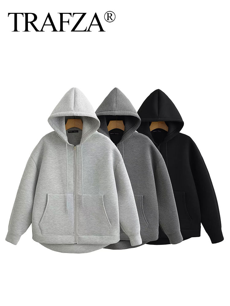 TRAFZA Women's Autumn Jacket, Oversized Gray Hooded Coat, Casual Long Sleeve Zipper Outerwear with Big Pockets