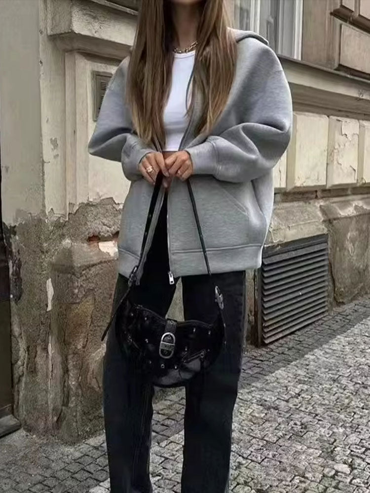 TRAFZA Women's Autumn Jacket, Oversized Gray Hooded Coat, Casual Long Sleeve Zipper Outerwear with Big Pockets