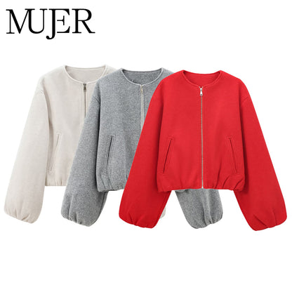 Trendy MUJER Red Bomber Jacket, Soft Cropped Jacket for Women, Sports Style Zipper Outerwear