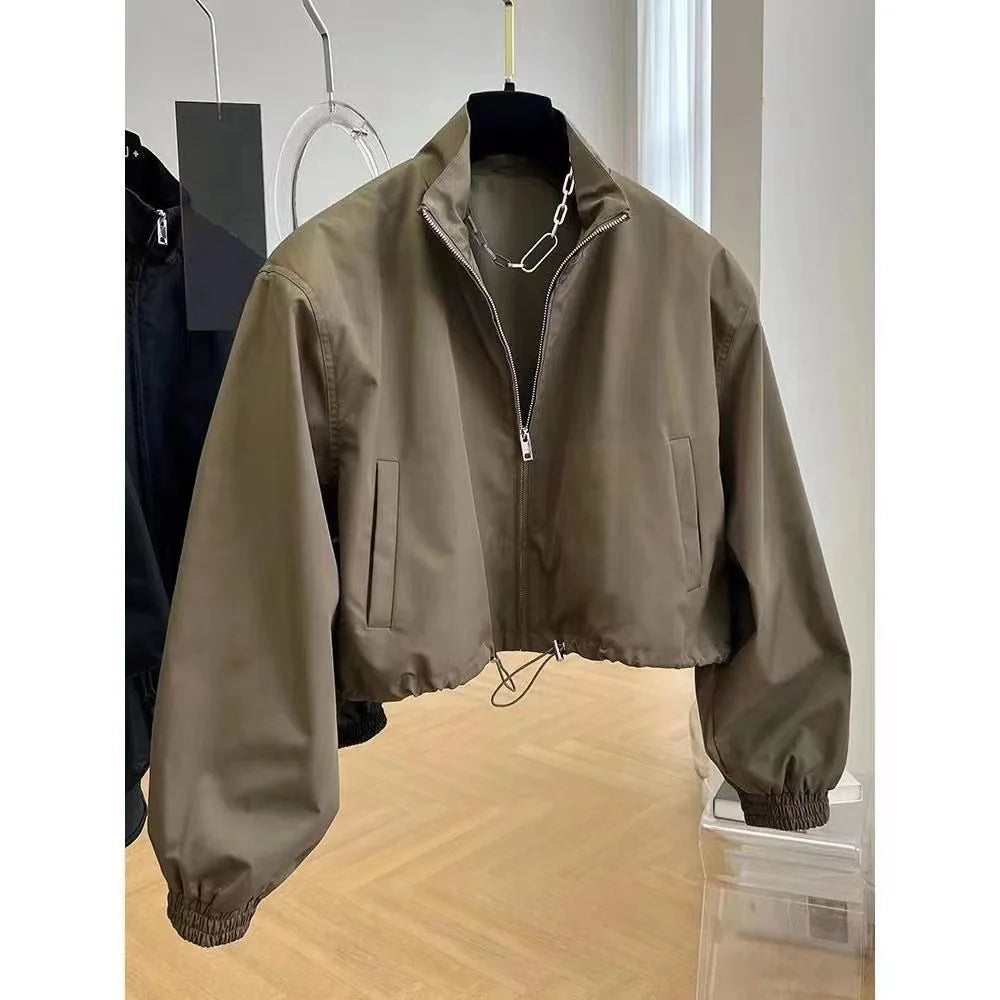 Elegant Casual Chic Jacket, Korean Style High End Feel, Stand Collar Cropped Design for Women, Petite Workwear, Autumn