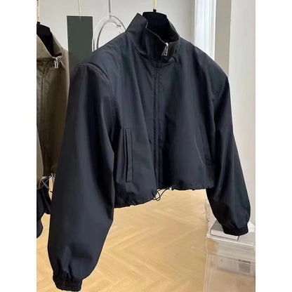 Elegant Casual Chic Jacket, Korean Style High End Feel, Stand Collar Cropped Design for Women, Petite Workwear, Autumn