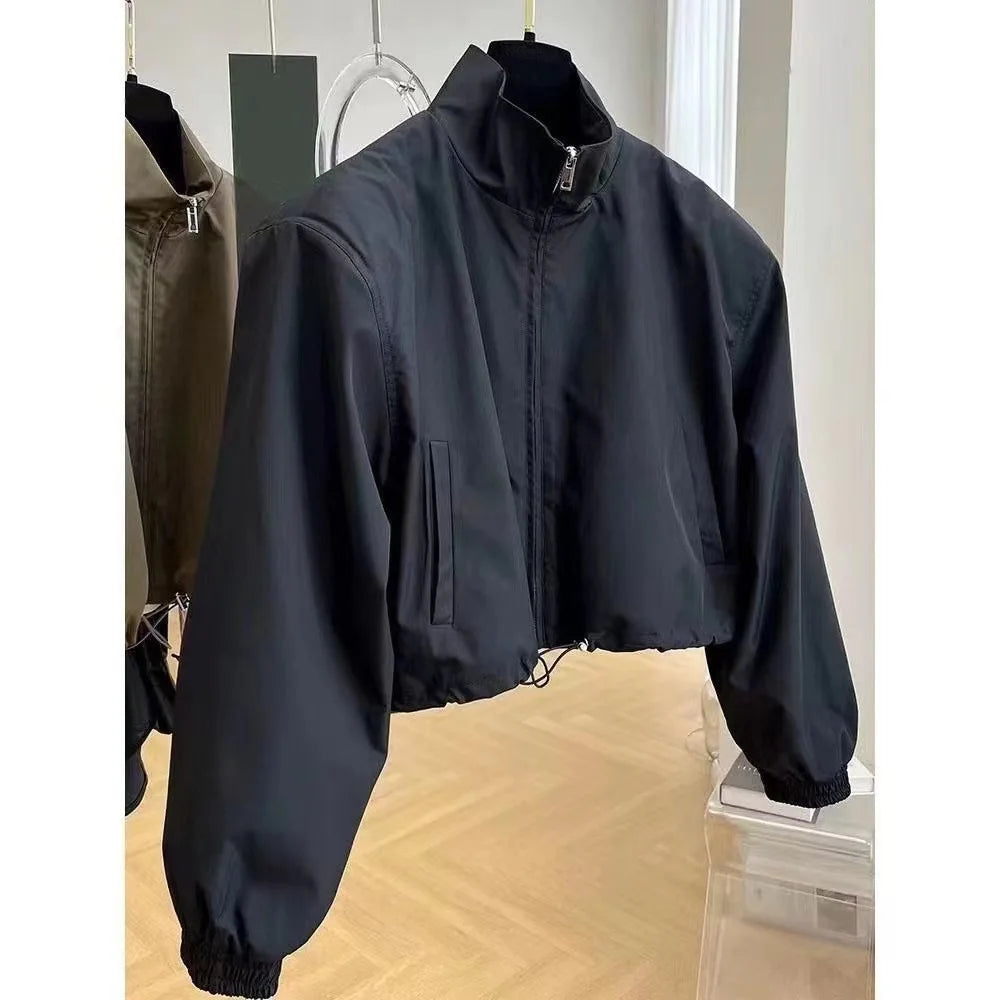 Elegant Casual Chic Jacket, Korean Style High End Feel, Stand Collar Cropped Design for Women, Petite Workwear, Autumn