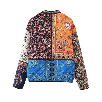 Women's Floral Print Color Block Jacket, Loose Fit Cotton Blend Coat, European and American Style Spring Outerwear