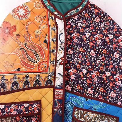 Women's Floral Print Color Block Jacket, Loose Fit Cotton Blend Coat, European and American Style Spring Outerwear