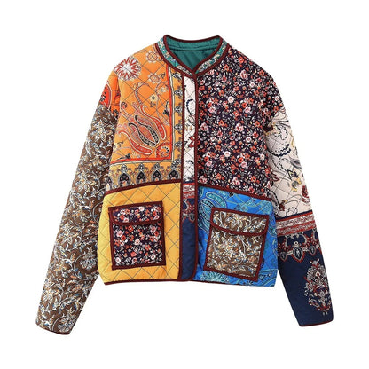 Women's Floral Print Color Block Jacket, Loose Fit Cotton Blend Coat, European and American Style Spring Outerwear