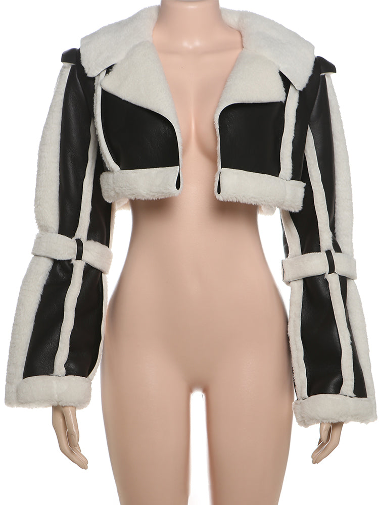 Unique Women's Cropped Jacket, Weird Puss Furry Patchwork, Open Stitch Streetwear, Warm Wild Coat, Hipster Outwear