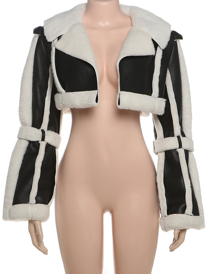 Unique Women's Cropped Jacket, Weird Puss Furry Patchwork, Open Stitch Streetwear, Warm Wild Coat, Hipster Outwear