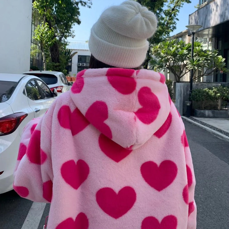 Harajuku Heart Print Plush Jacket, Women's Winter Korean Streetwear, Thick Warm Hooded Coat, Couple Outerwear
