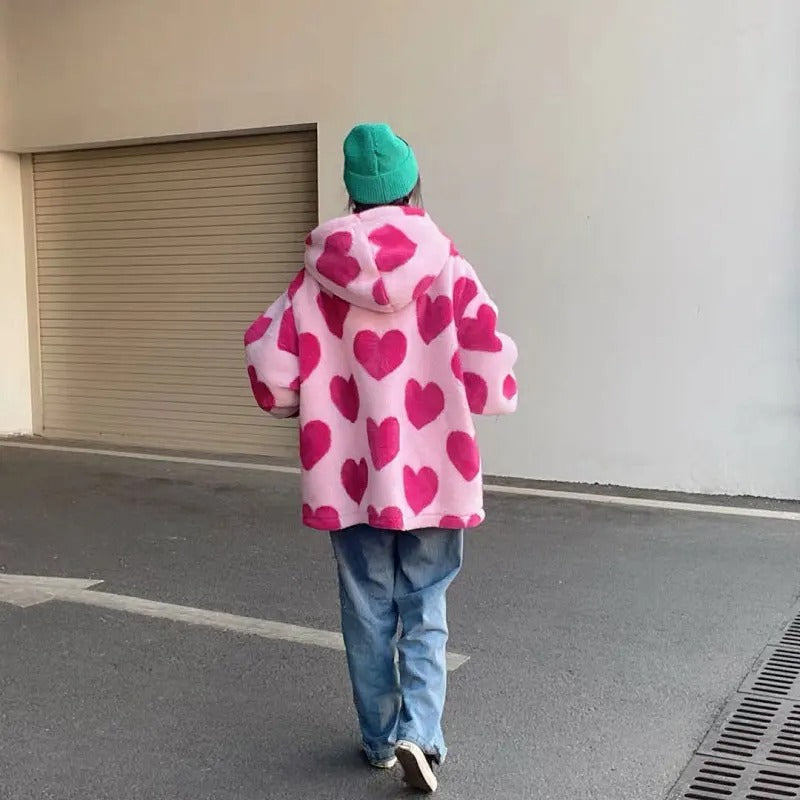 Harajuku Heart Print Plush Jacket Womens Winter Korean Streetwear Thick Warm Hooded Coat Couple Out 1