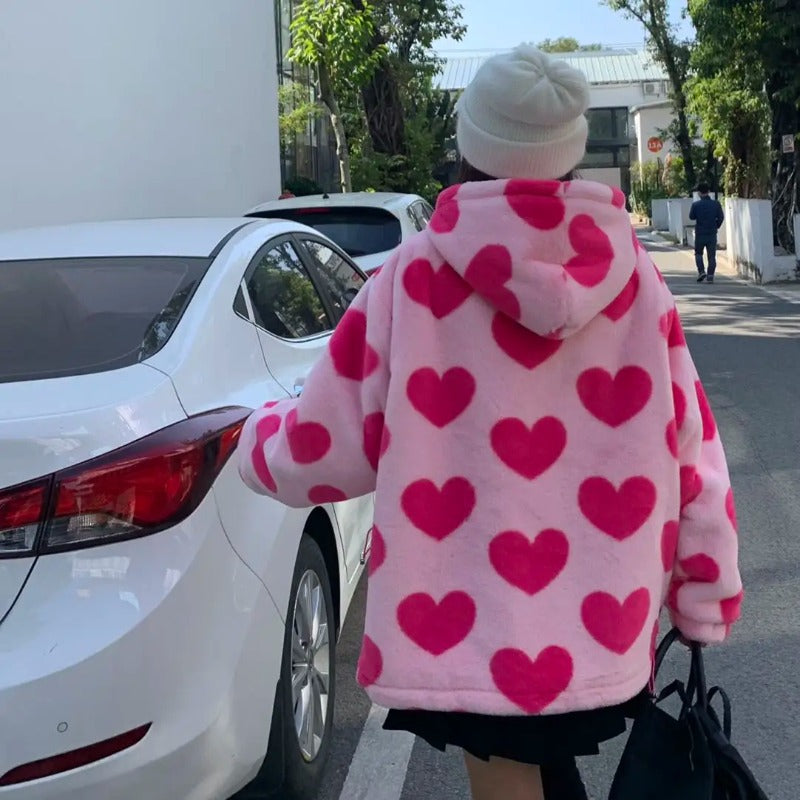 Harajuku Heart Print Plush Jacket Womens Winter Korean Streetwear Thick Warm Hooded Coat Couple Out 2