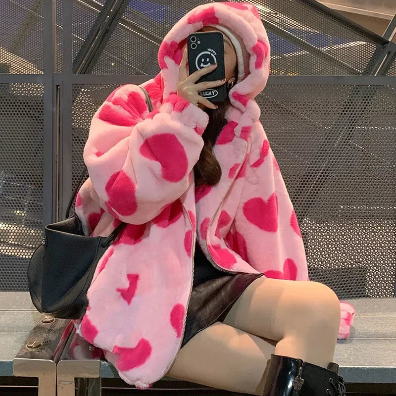Harajuku Heart Print Plush Jacket Womens Winter Korean Streetwear Thick Warm Hooded Coat Couple Out 3