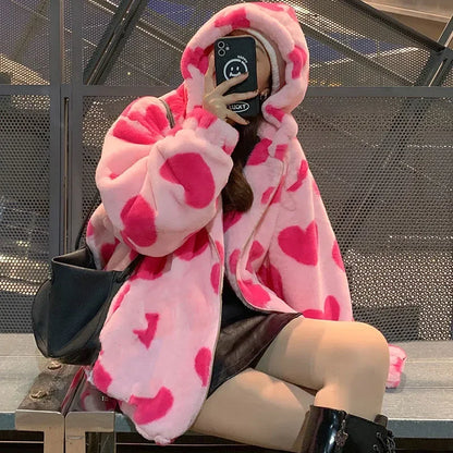 Harajuku Heart Print Plush Jacket Womens Winter Korean Streetwear Thick Warm Hooded Coat Couple Out 3