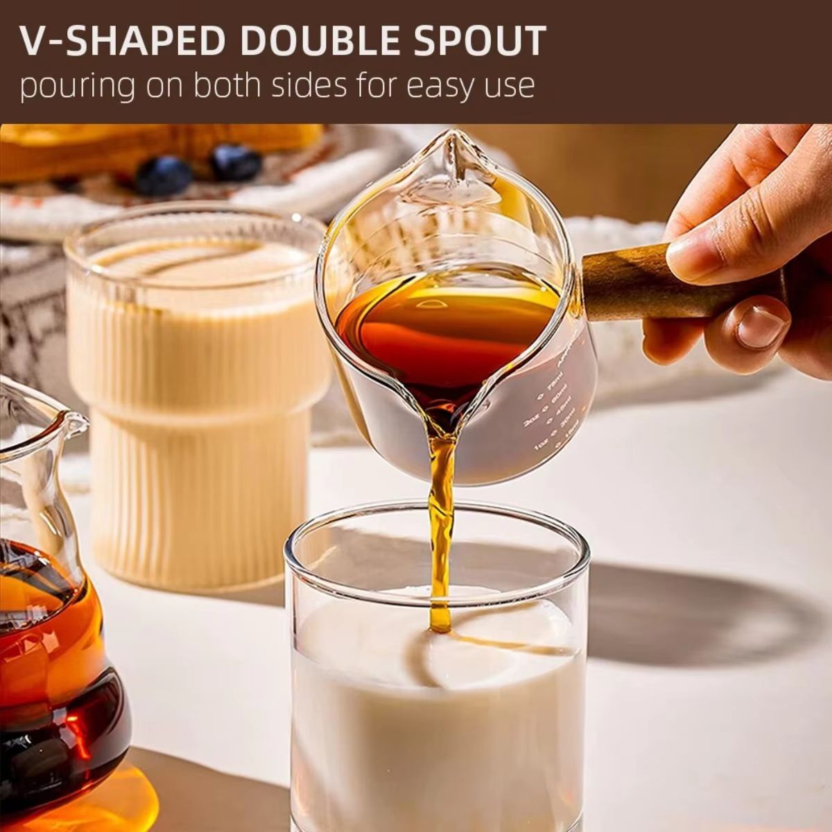Premium 75ml Glass Espresso Measuring Cup  DoubleSingle Spout Milk Jug With Handle 1