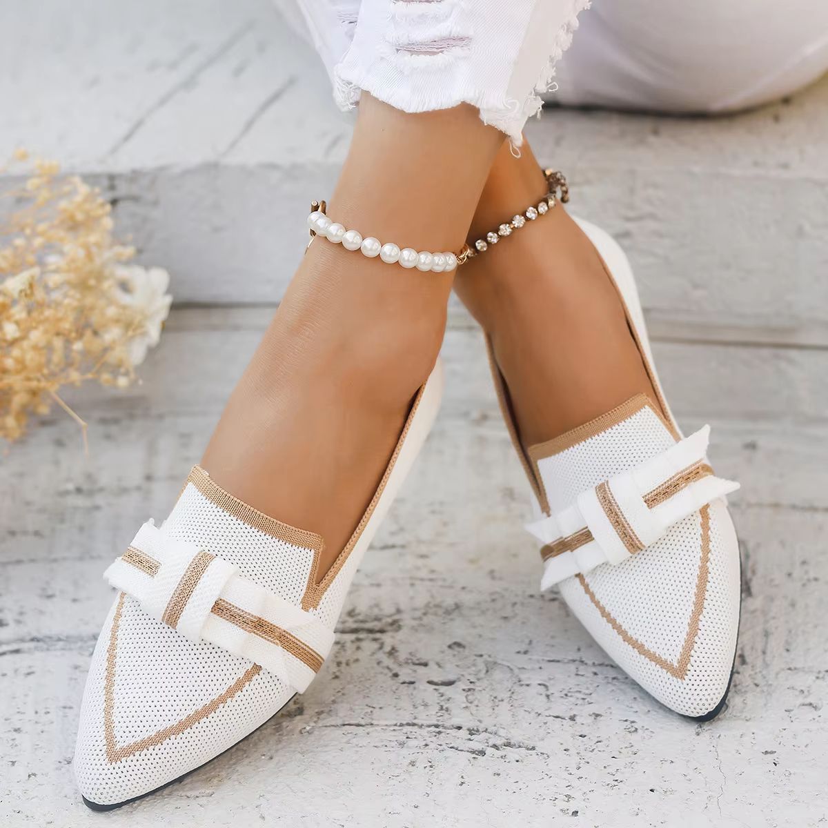 Womens Knitted Flats  Breathable Slip On Walking Shoes With Comfortable Pointed Toe Design 7