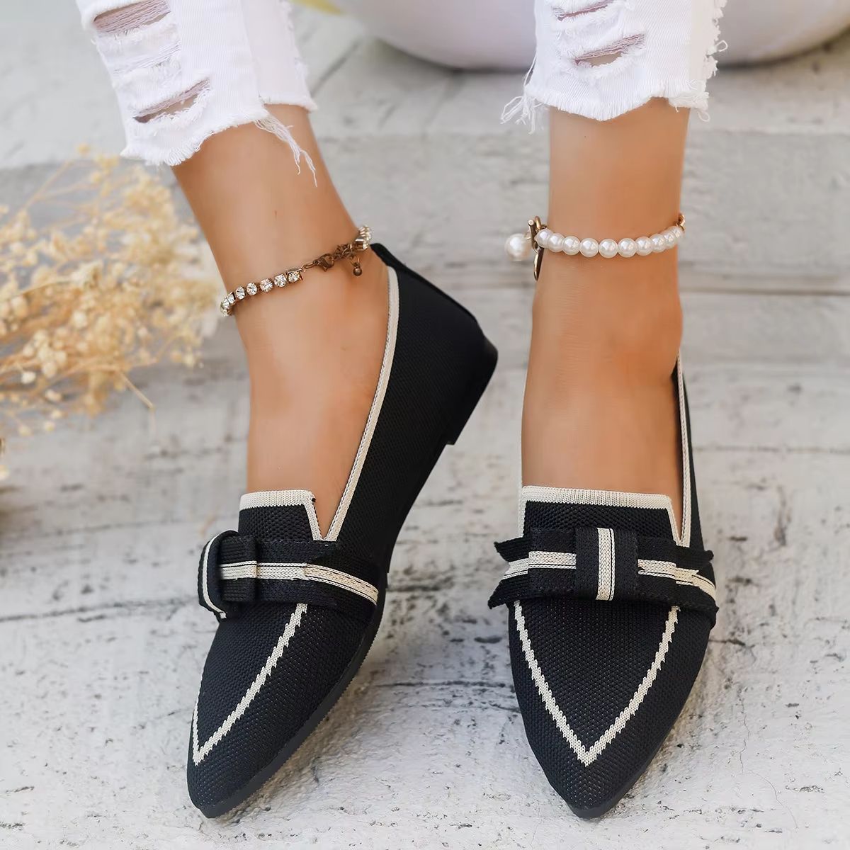 Womens Knitted Flats  Breathable Slip On Walking Shoes With Comfortable Pointed Toe Design 8
