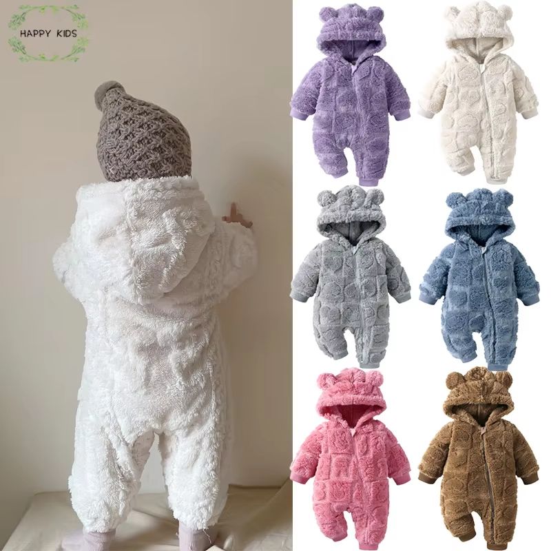 Winter Baby Bear Hooded Romper – Warm Fleece Infant Jumpsuit for Newborn Boys and Girls
