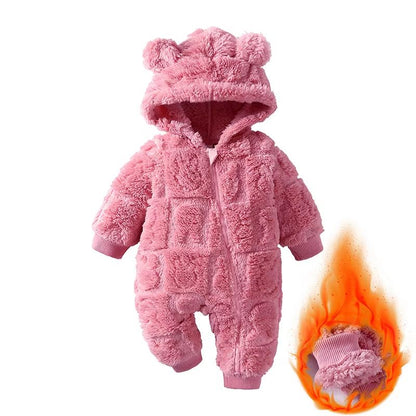 Winter Baby Bear Hooded Romper  Warm Fleece Infant Jumpsuit For Newborn Boys And Girls 4