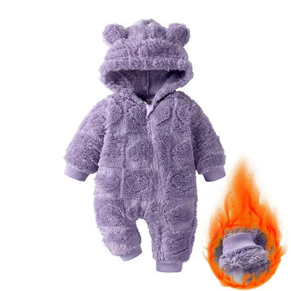 Winter Baby Bear Hooded Romper  Warm Fleece Infant Jumpsuit For Newborn Boys And Girls 12