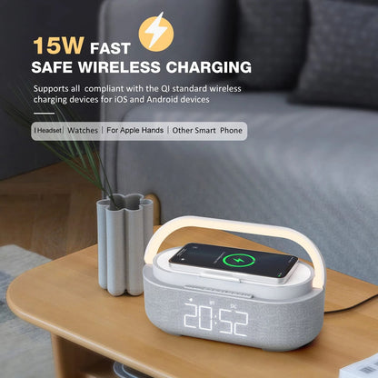 Portable Bluetooth Speaker with Wireless Charger FM Radio and Dimmable Light