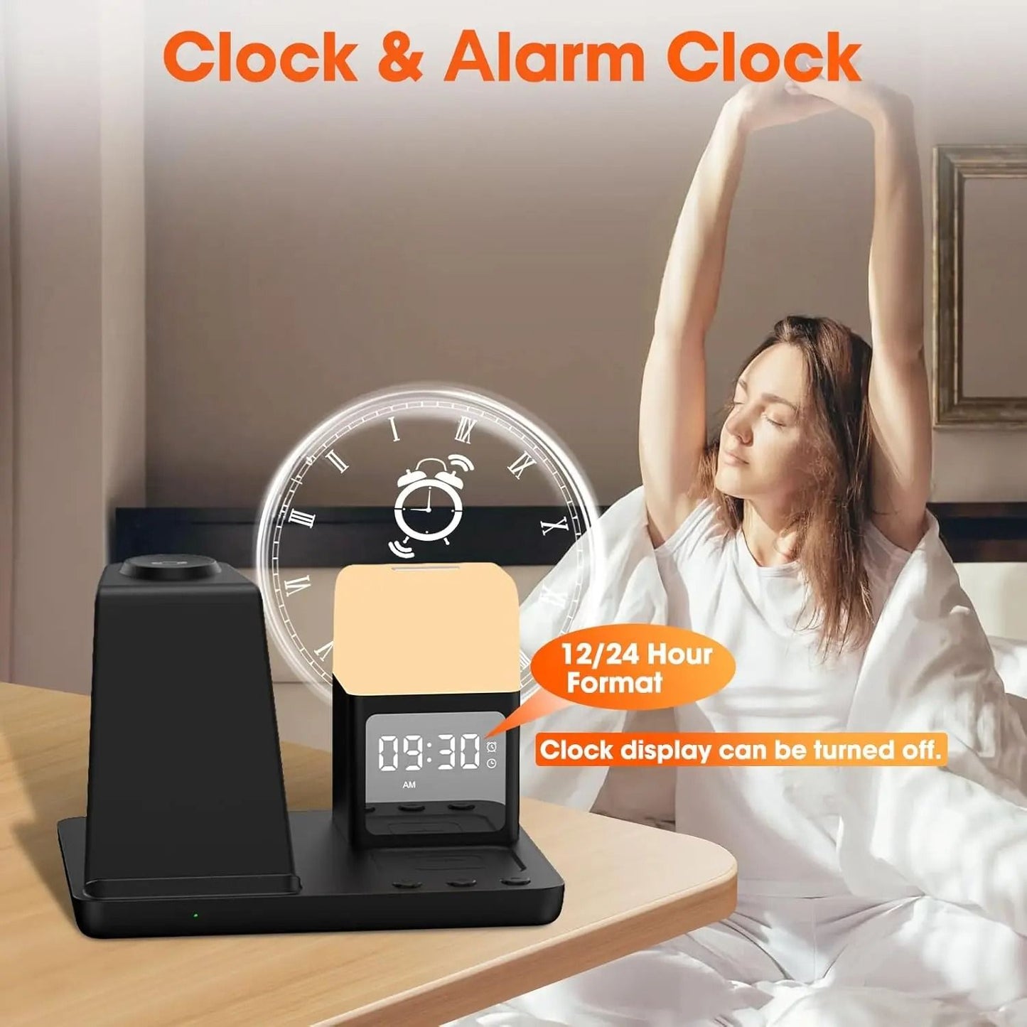 6 In 1 Wireless Charger Station With Alarm Clock Night Light 2