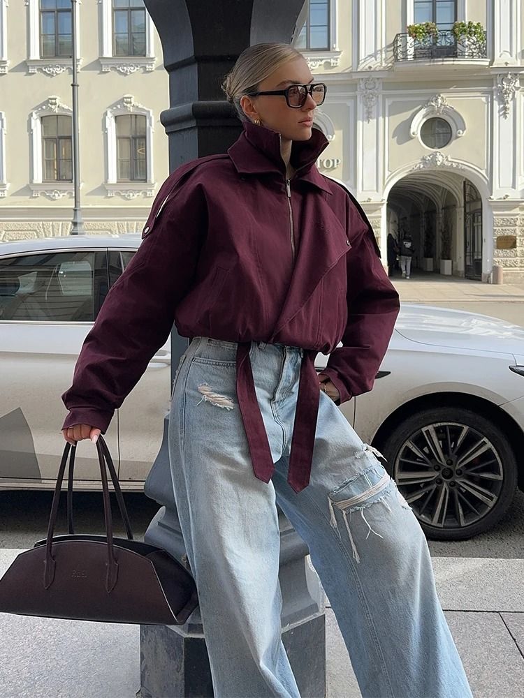 Womens Burgundy Bomber Jacket with Zipper and Stand Collar