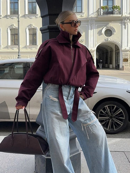 Womens Burgundy Bomber Jacket with Zipper and Stand Collar