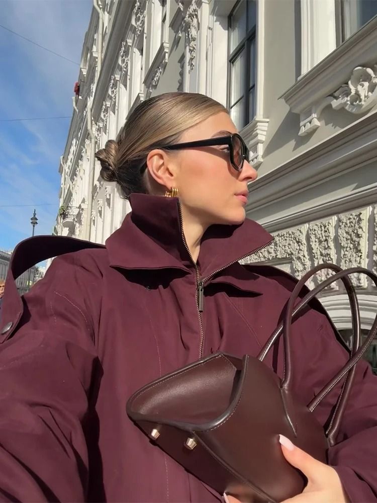 Womens Burgundy Bomber Jacket With Zipper And Stand Collar 1