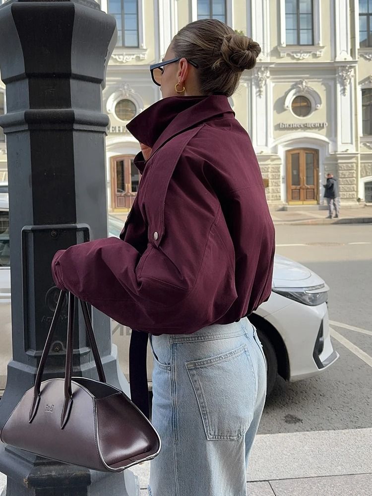 Womens Burgundy Bomber Jacket With Zipper And Stand Collar 2