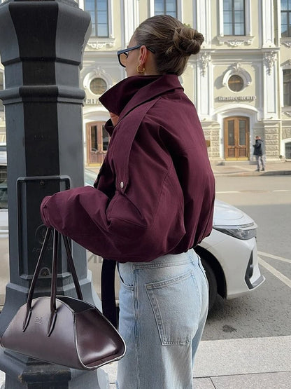 Womens Burgundy Bomber Jacket With Zipper And Stand Collar 2