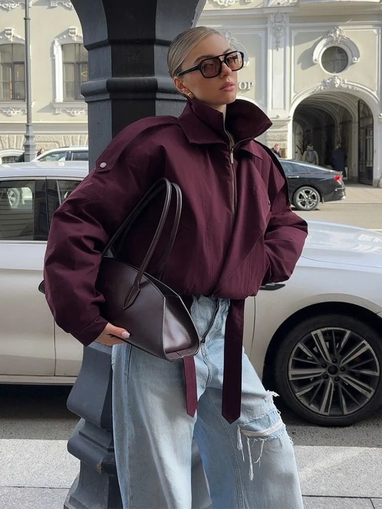 Womens Burgundy Bomber Jacket With Zipper And Stand Collar 4