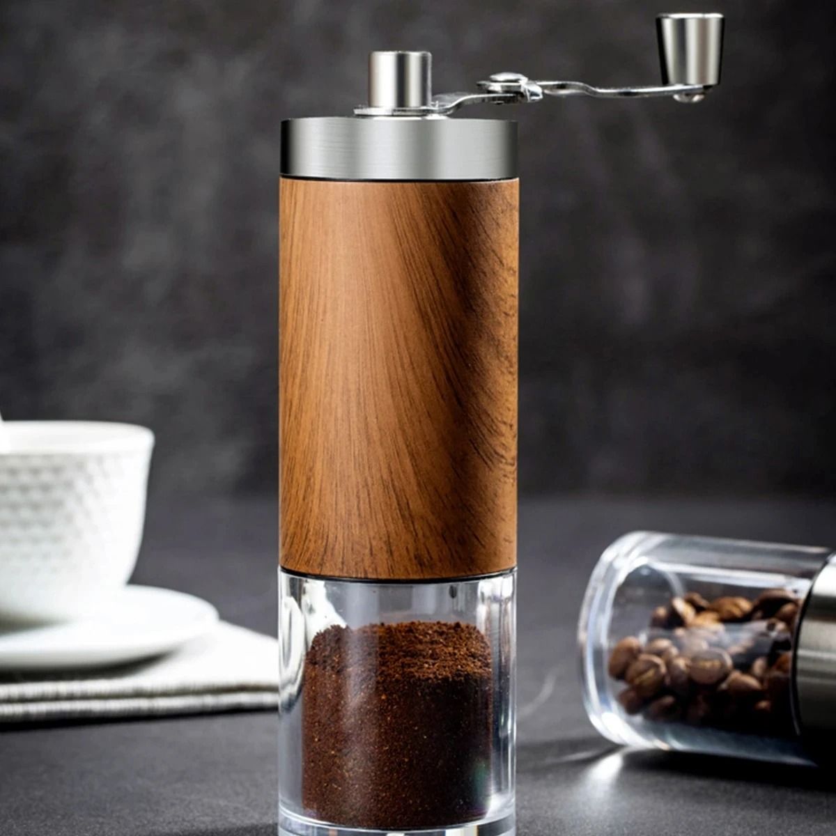 Portable Wood Grain Stainless Steel Hand Crank Coffee Grinder