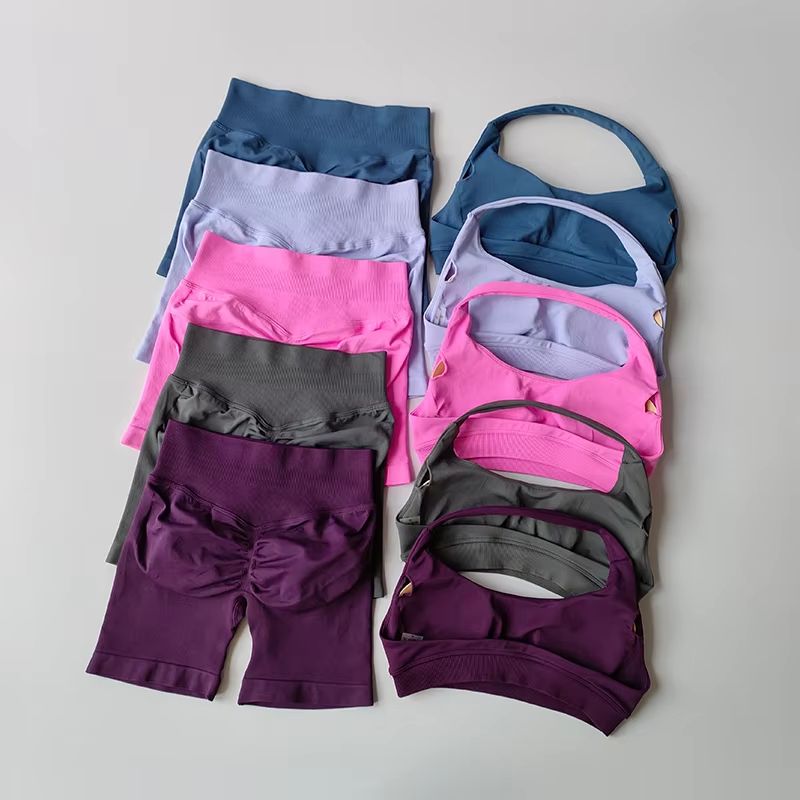 Halter Peach Backless High-Waist Sports Bra & Shorts Set – Yoga / Pilates Activewear