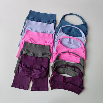 Halter Peach Backless High-Waist Sports Bra & Shorts Set – Yoga / Pilates Activewear