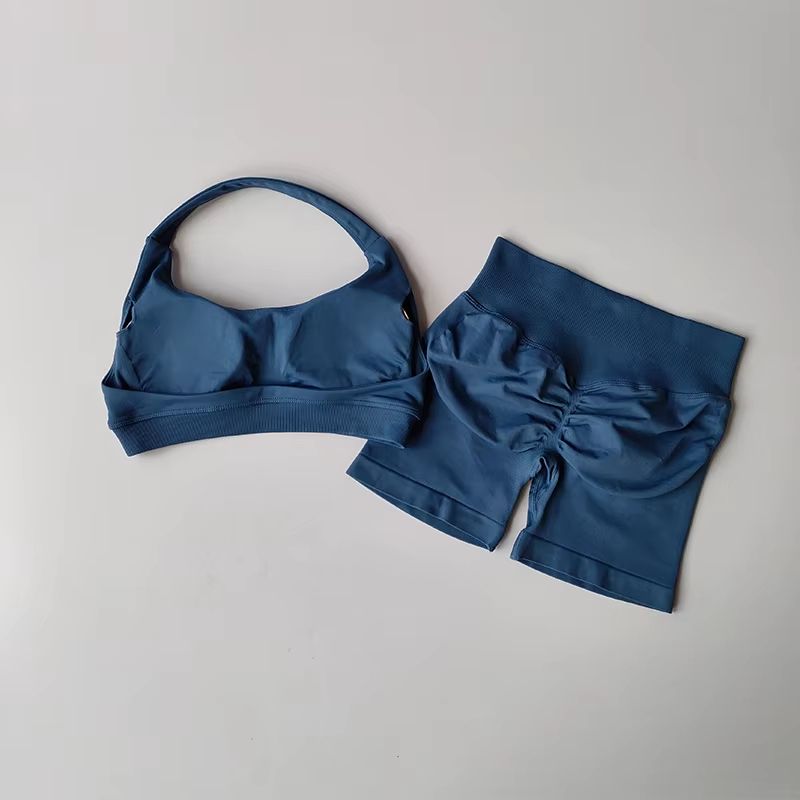 Halter Peach Backless HighWaist Sports Bra  Shorts Set  Yoga  Pilates Activewear 4